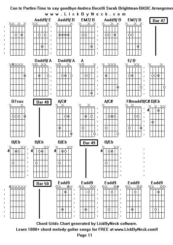 Chord Grids Chart of chord melody fingerstyle guitar song-Con te Partiro-Time to say goodbye-Andrea Bocelli Sarah Brightman-BASIC Arrangement,generated by LickByNeck software.